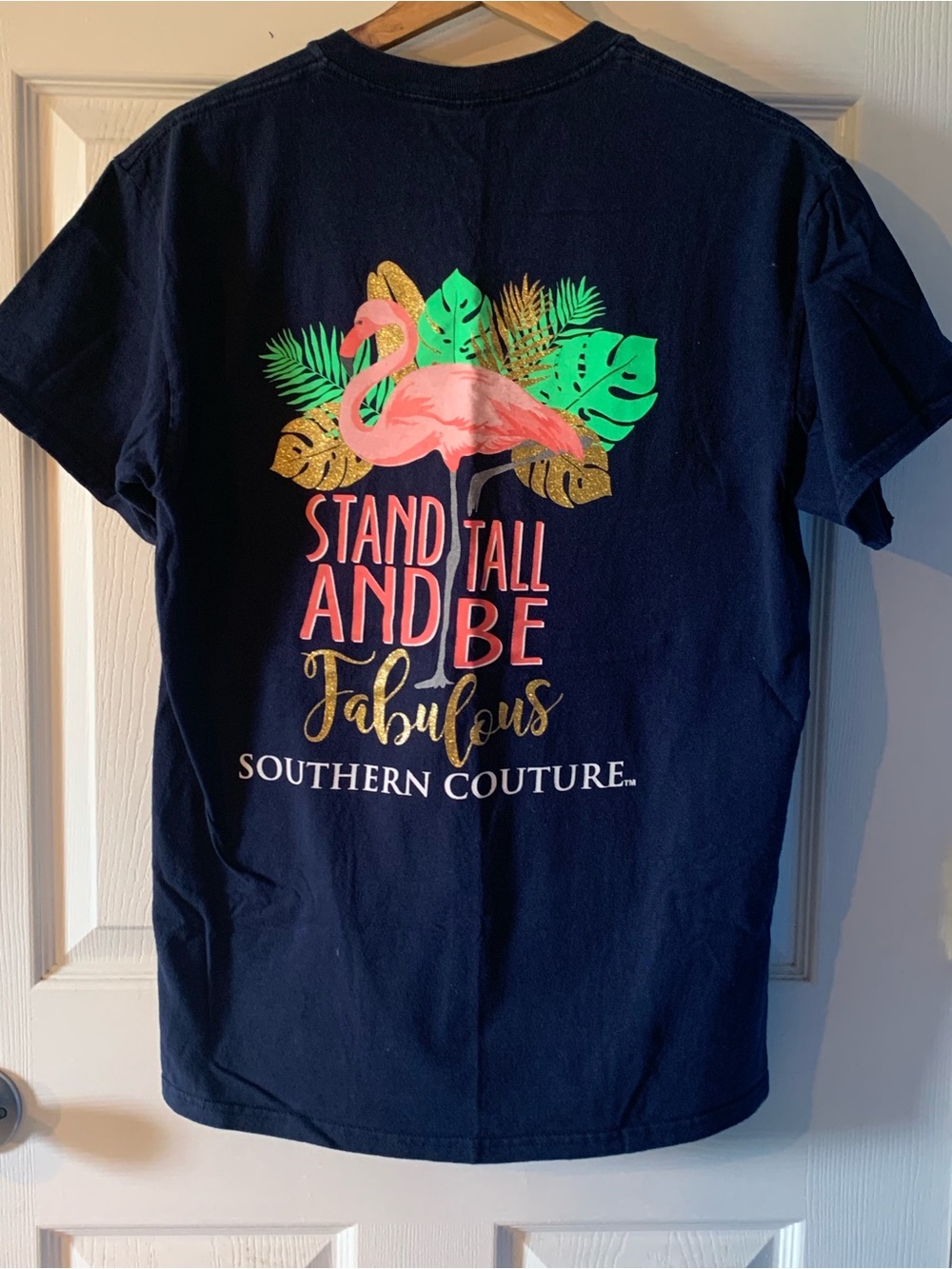Southern Couture Navy Short Sleeve Tee - Pink Flamingo Graphic Women’s M